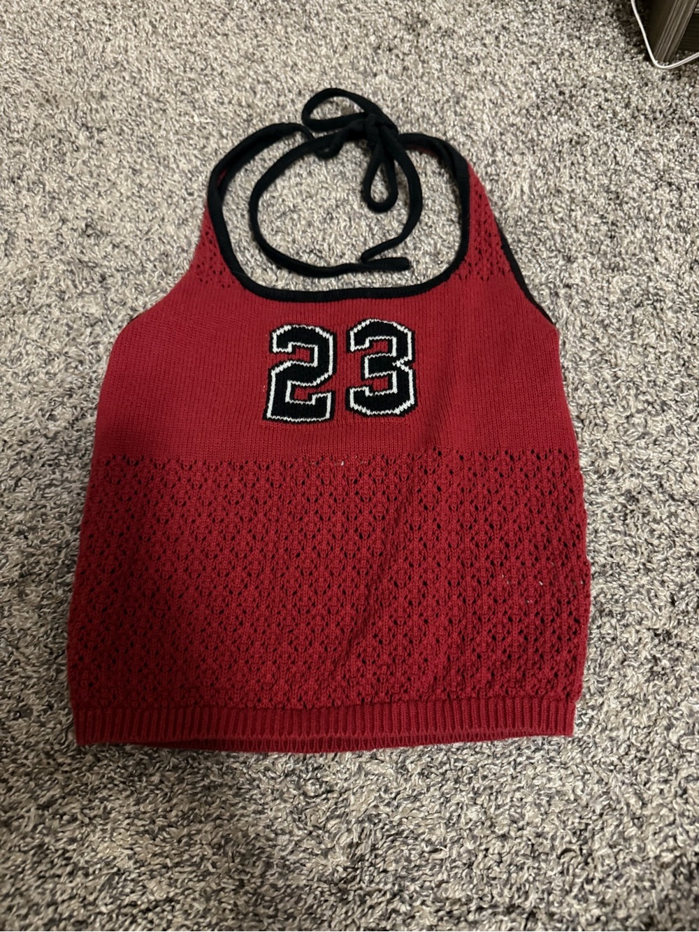 PacSun Red Knit Halter Crop Top with Black Trim and '23' Patch